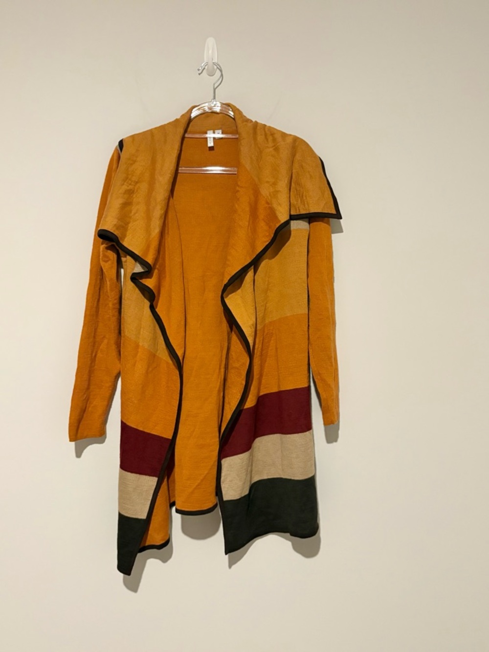 Beatrix Ost Open Front striped color block wool Cardigan Sweater orange medium